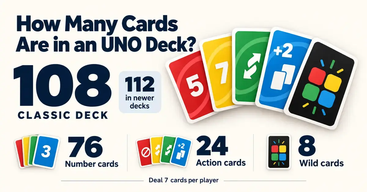 UNO deck infographic showing 108 classic cards, including 76 number cards, 24 action cards, and 8 Wild cards, with 112 cards in newer decks and seven cards dealt per player.
