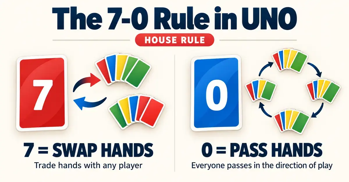 Graphic explaining the UNO 7-0 house rule: a 7 swaps hands with any player, while a 0 passes every hand in the direction of play.