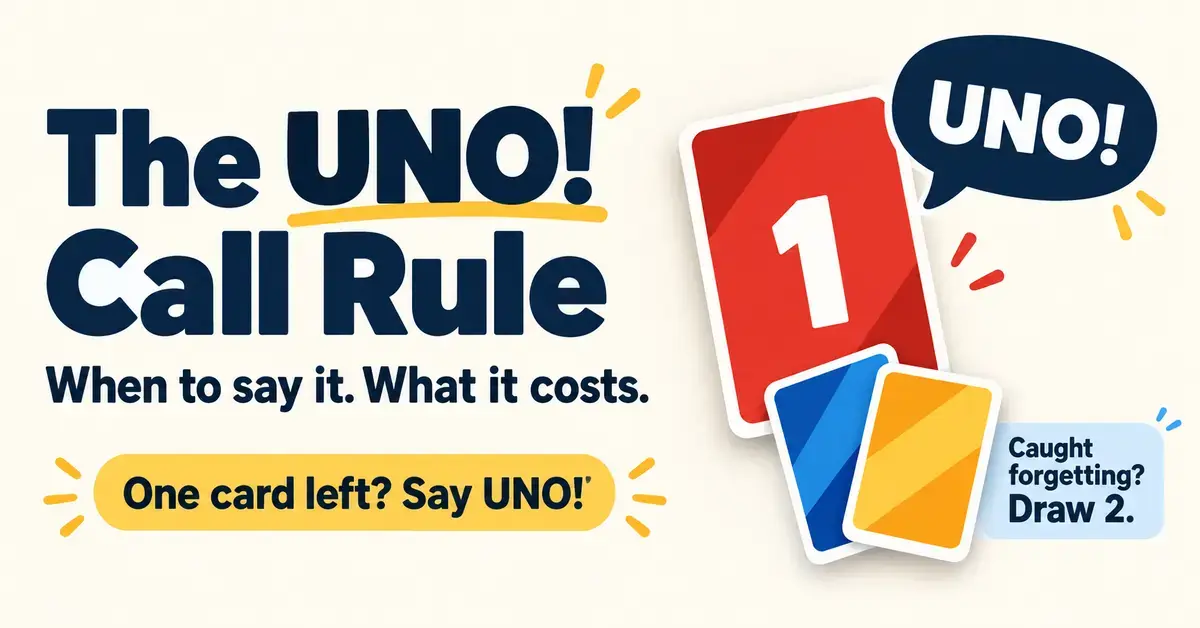 Graphic showing a single red card beside an “UNO!” speech bubble and two penalty cards, explaining when to call UNO and the two-card penalty for getting caught forgetting.