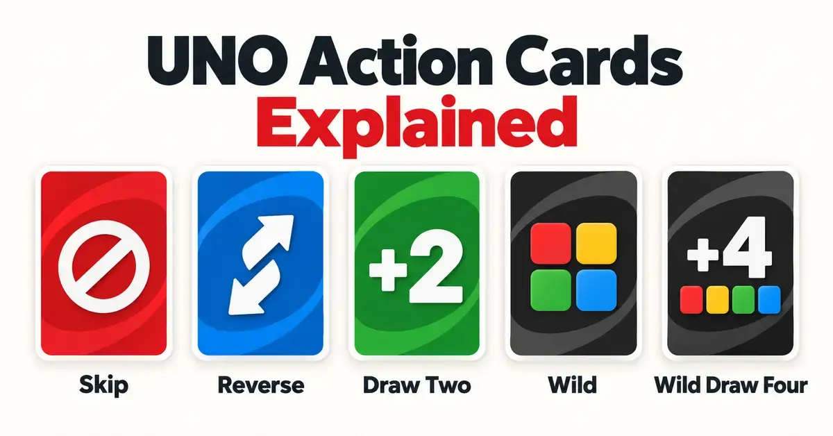 Illustrated Skip, Reverse, Draw Two, Wild, and Wild Draw Four cards beneath the heading “UNO Action Cards Explained.”