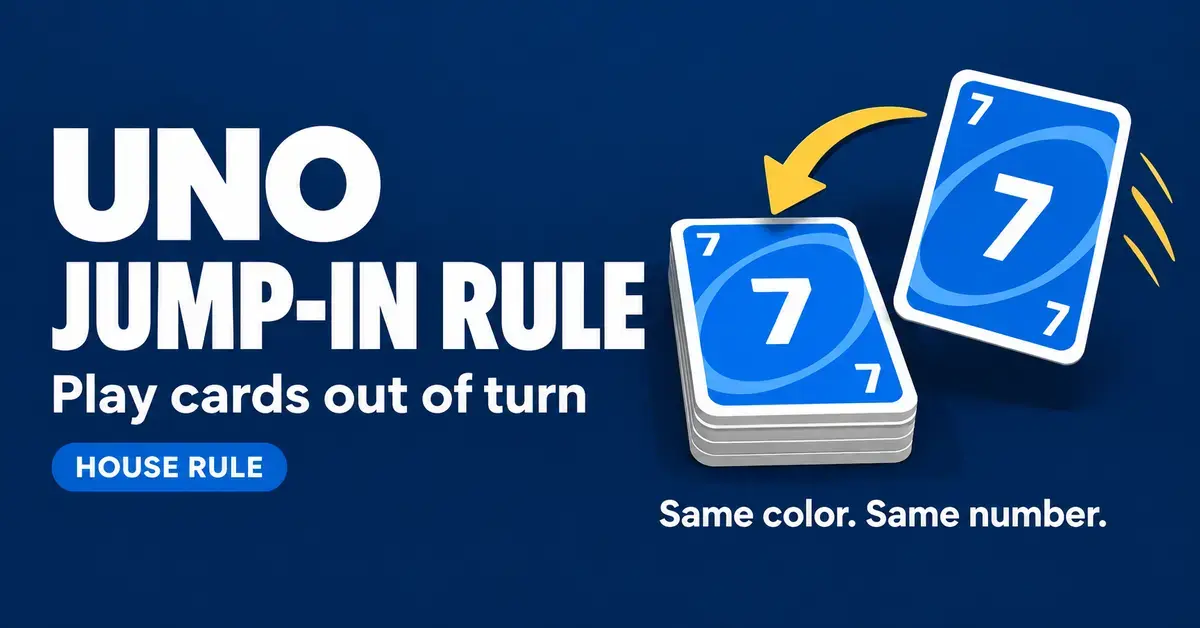 Two matching blue 7 cards and a yellow arrow illustrate the UNO jump-in house rule for playing an exact match out of turn.