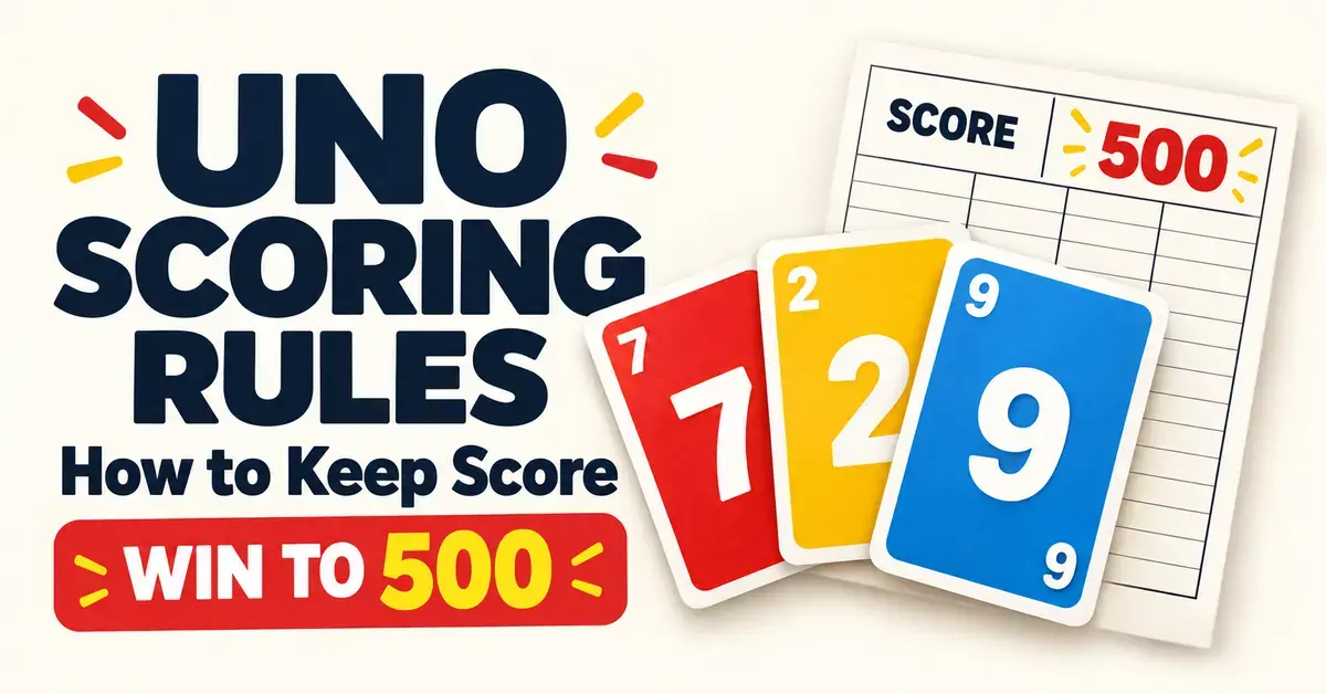UNO scoring rules graphic with colorful numbered cards, a score sheet showing 500 points, and the text “How to Keep Score” and “Win to 500.”
