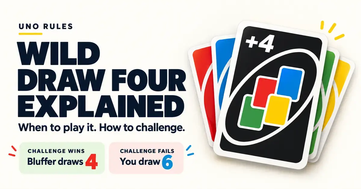 Wild Draw Four rules graphic featuring a +4 card and challenge outcomes: the bluffer draws four if the challenge succeeds, and the challenger draws six if it fails.